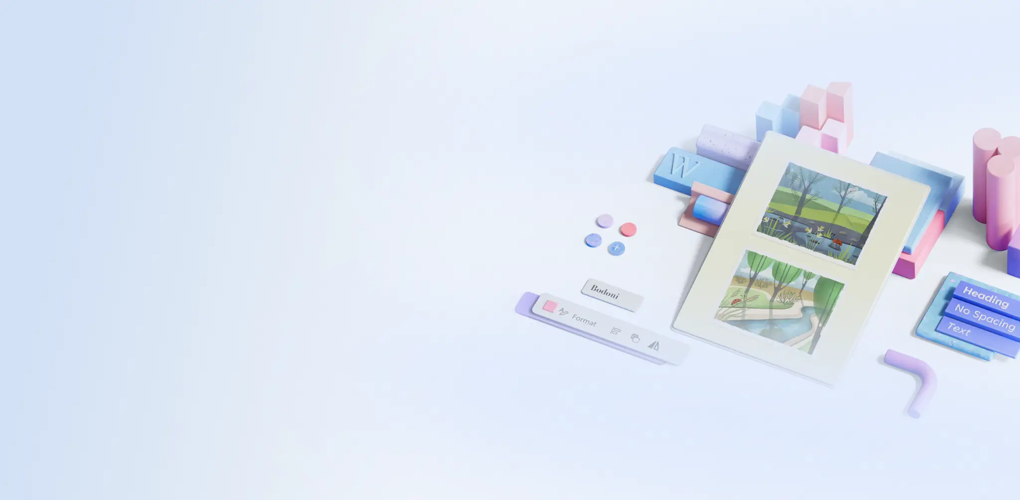 A postcard template on a blue background surrounded by Microsoft Word features.