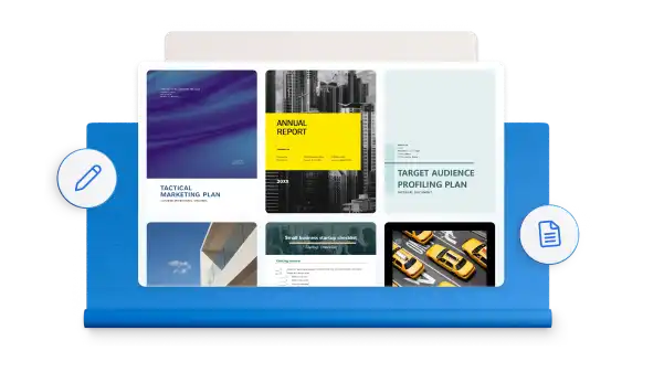 Example business proposal templates on a blue background