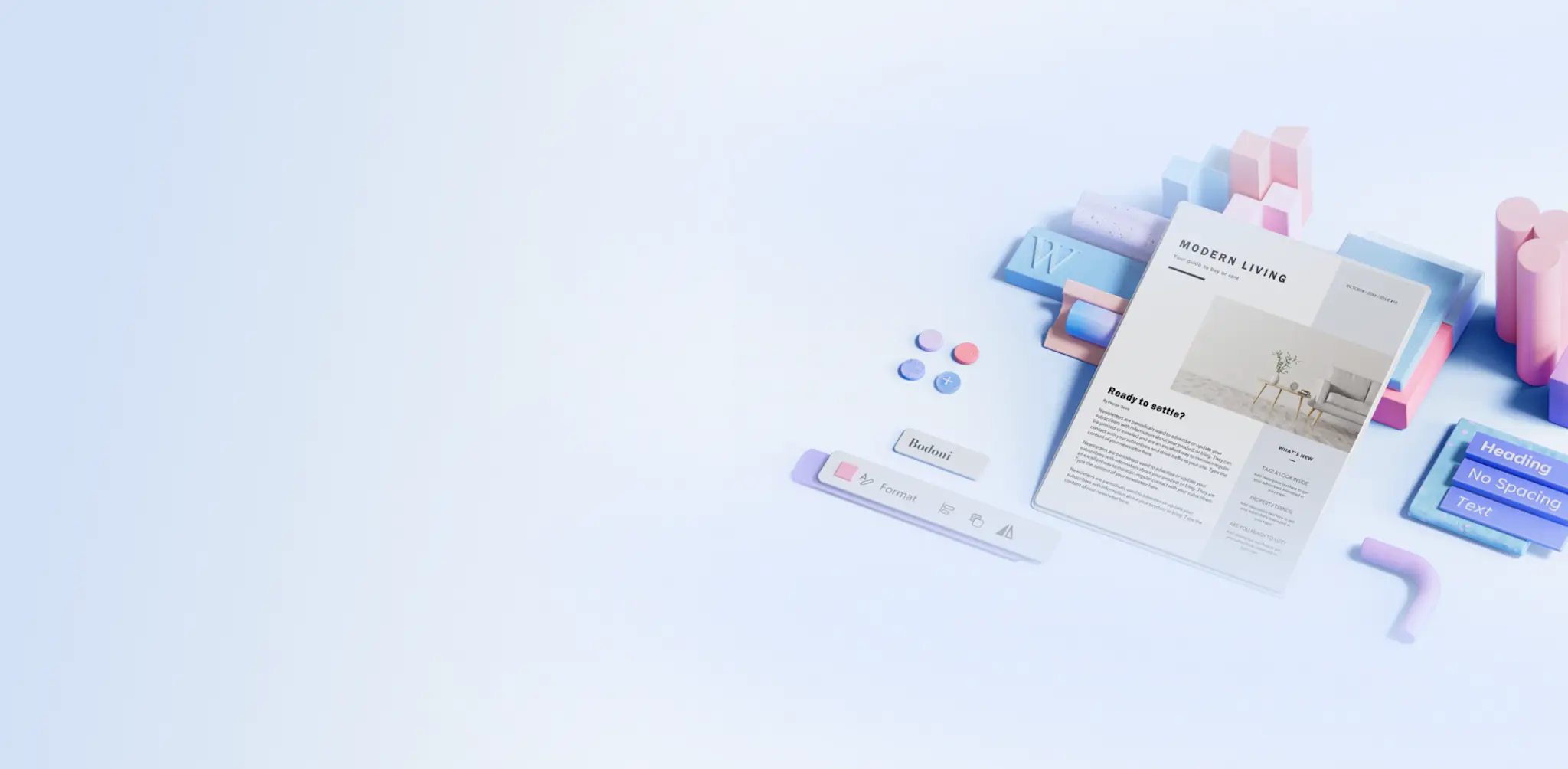 A newsletter on a blue background surrounded by abstract elements