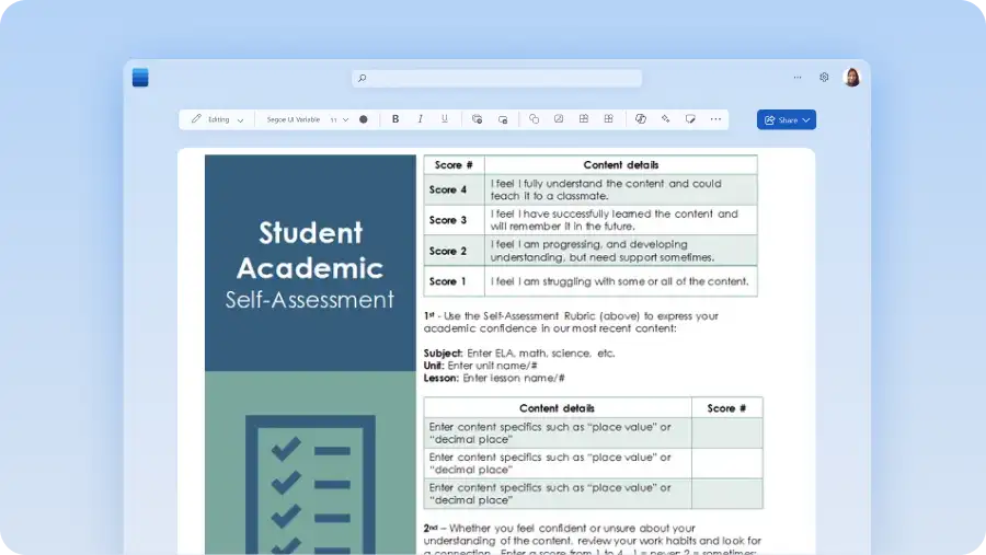 A learning template in the Microsoft Word editor.
