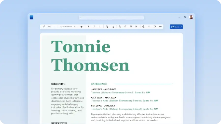 A resume template in the Microsoft Word editor.