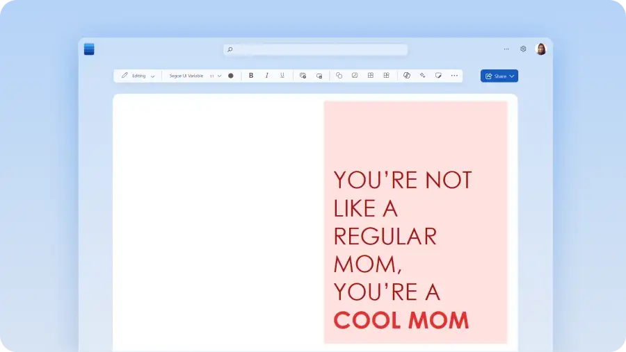 A Mother's Day card template in the Microsoft Word editor.