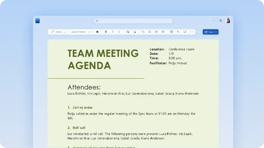 Team meeting agenda template in the Word editor