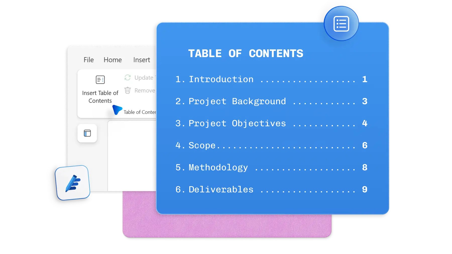 A table of contents template in Microsoft Word.