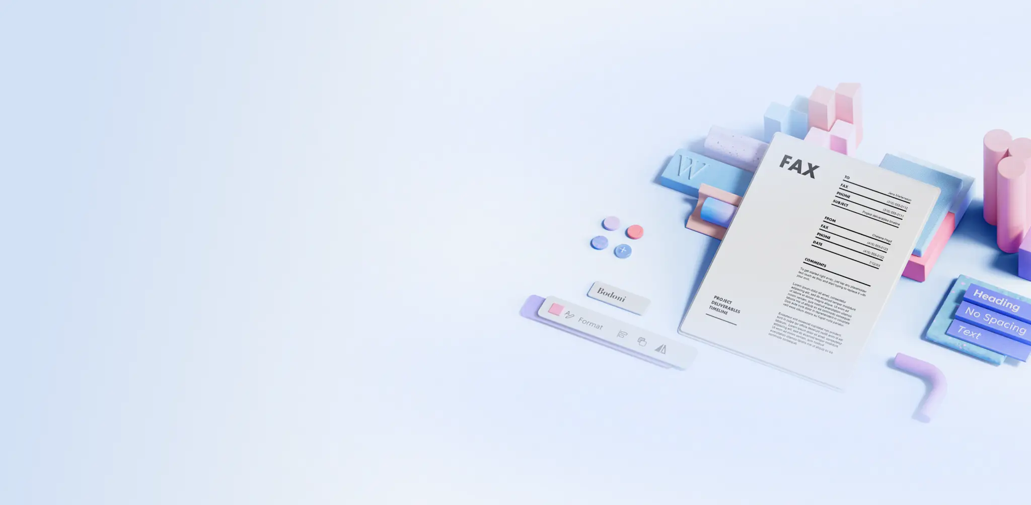 Fax cover page template on a blue background surrounded by abstract elements