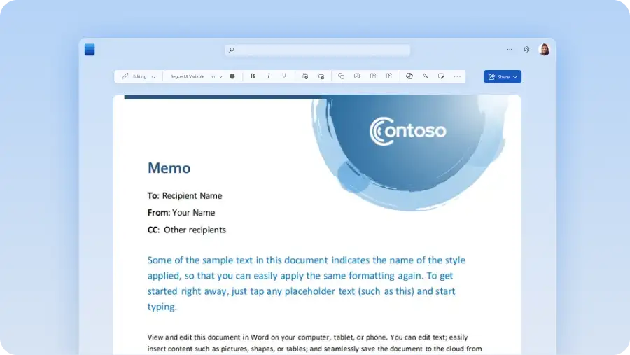 Memo template in the Word editor