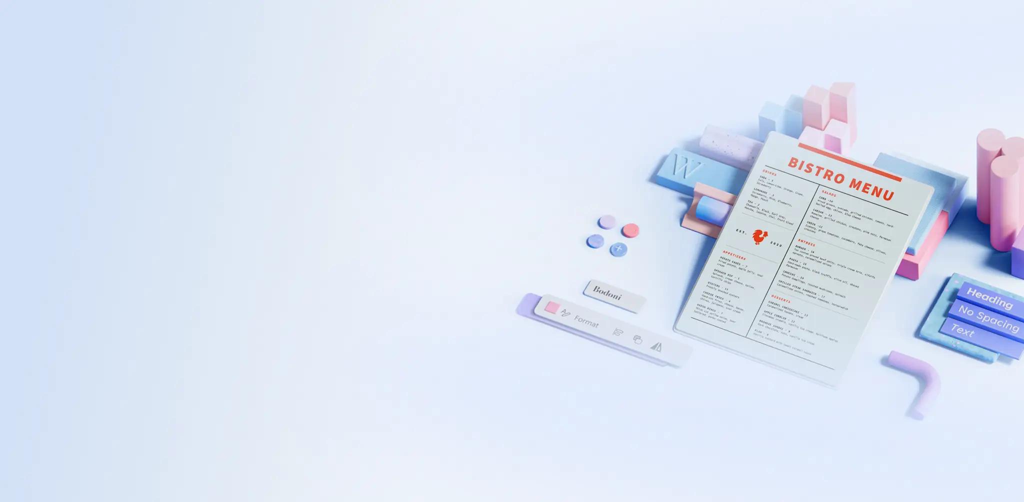 A menu template on a blue background surrounded by Microsoft Word features.