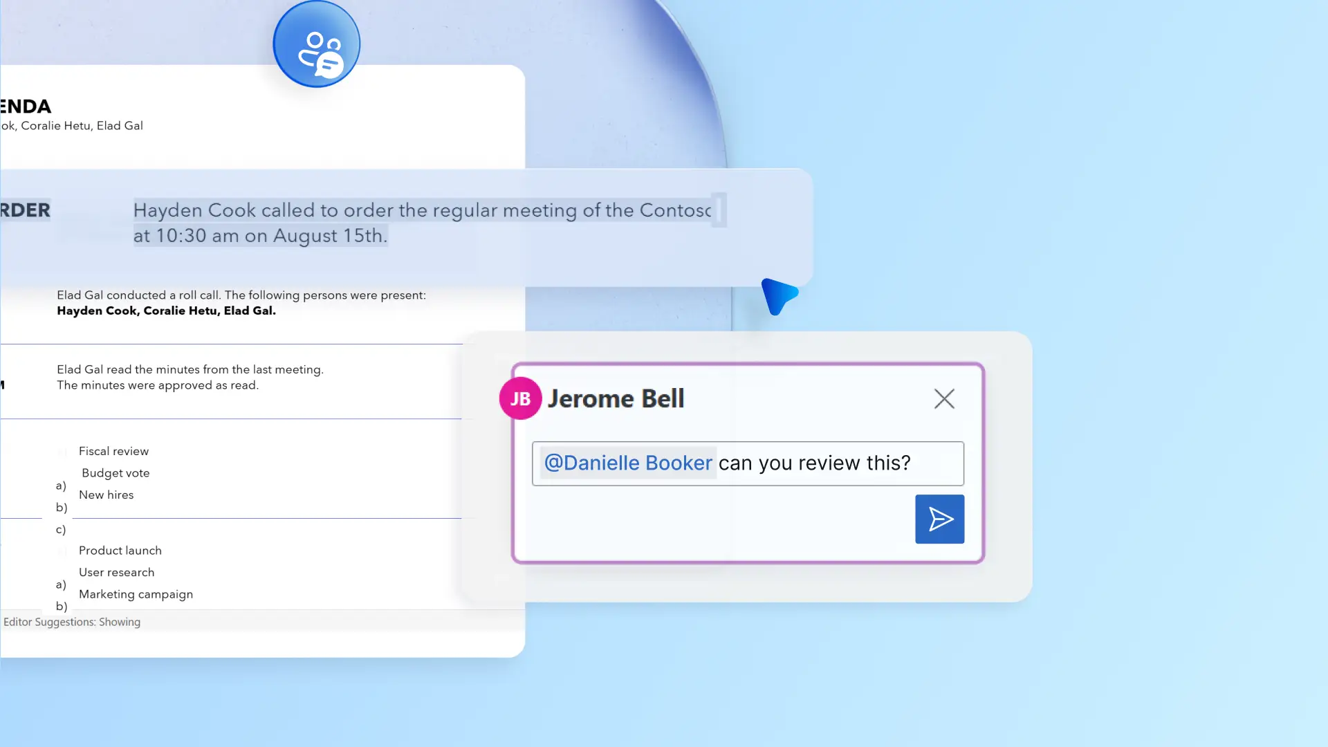 A user tagging a team member in comments on Microsoft Word.