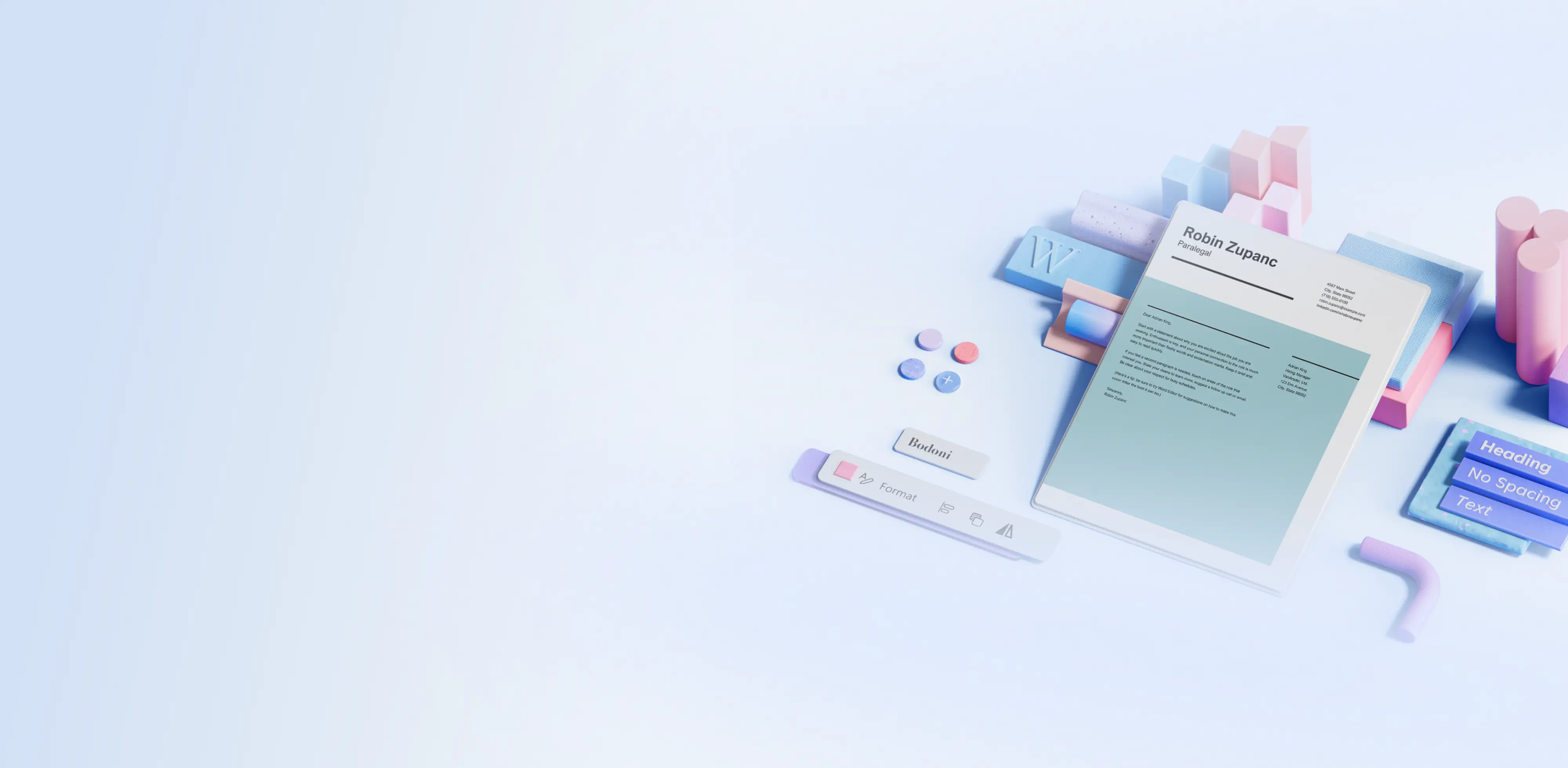 A cover letter template on a blue background surrounded by Word editor features.