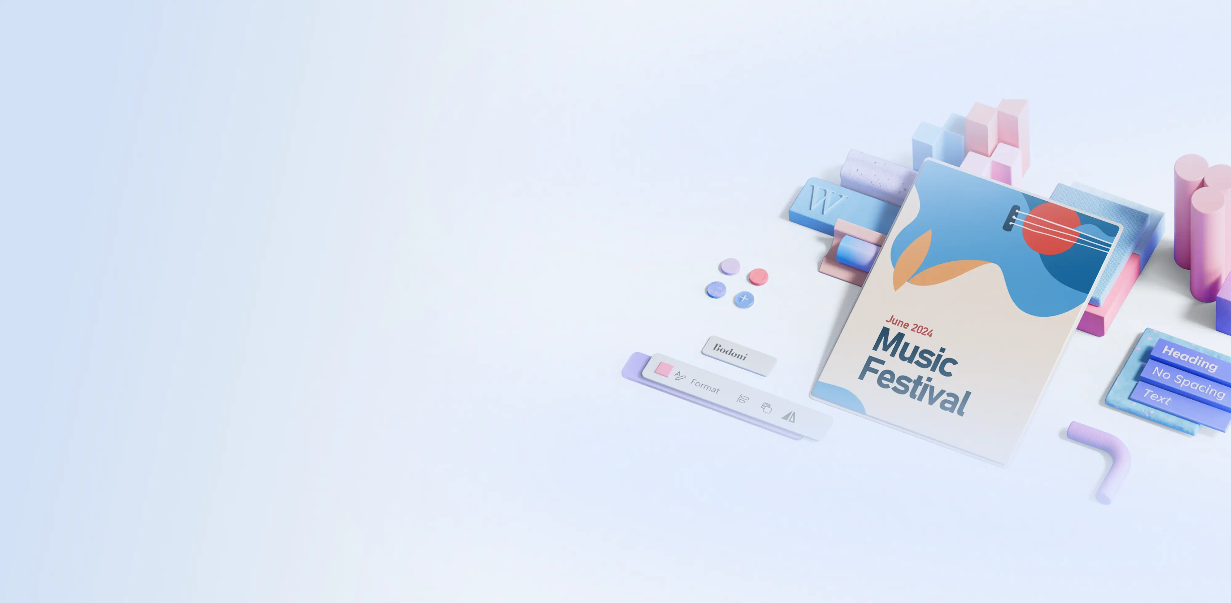 A booklet template on a blue background surrounded by Microsoft Word features.