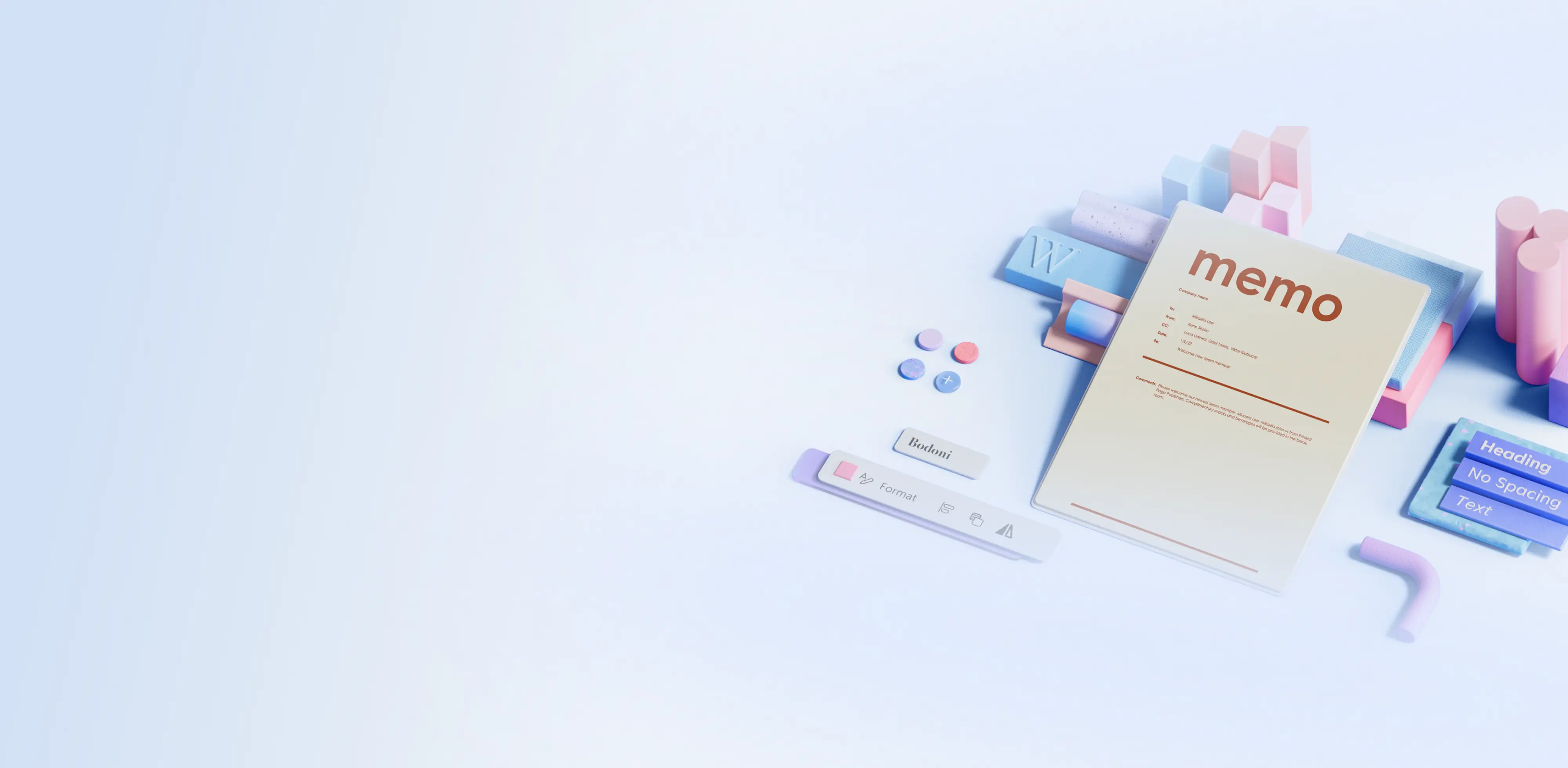 A memo template on an blue background surrounded by Microsoft Word features.