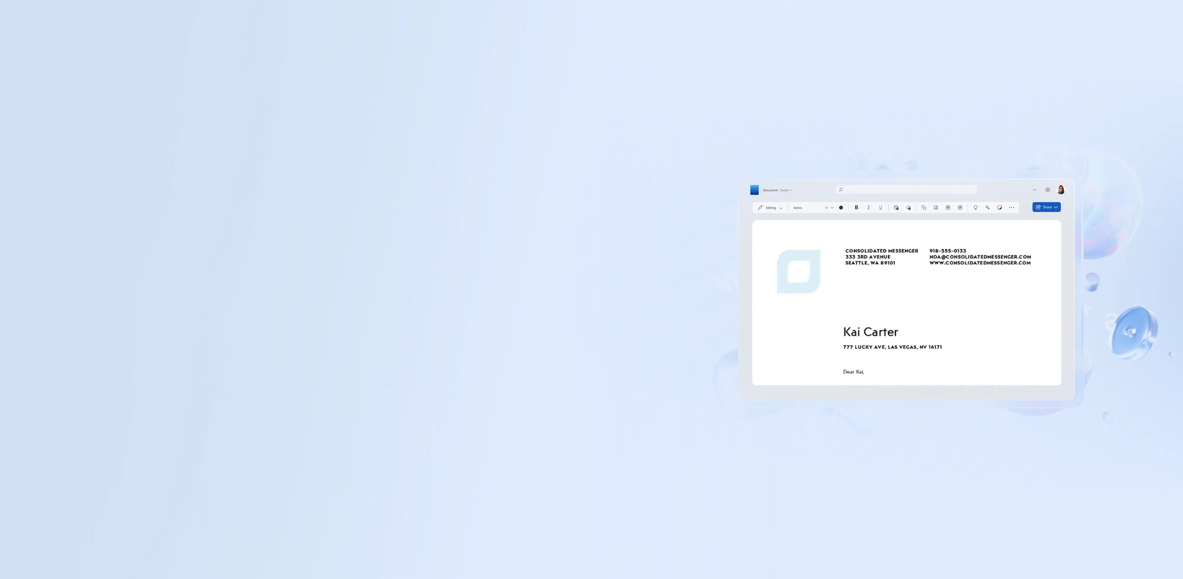 A business letter against an abstract blue hero image.