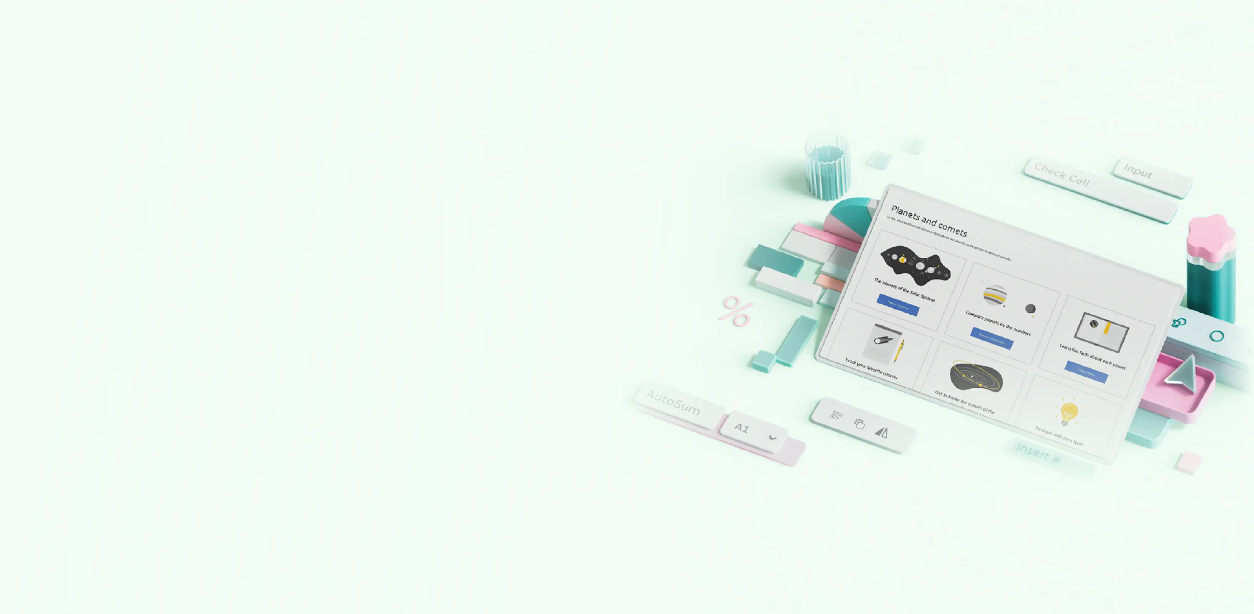 A digital interface titled "Planets and comets" displays six interactive options, each with an icon and a blue button. 