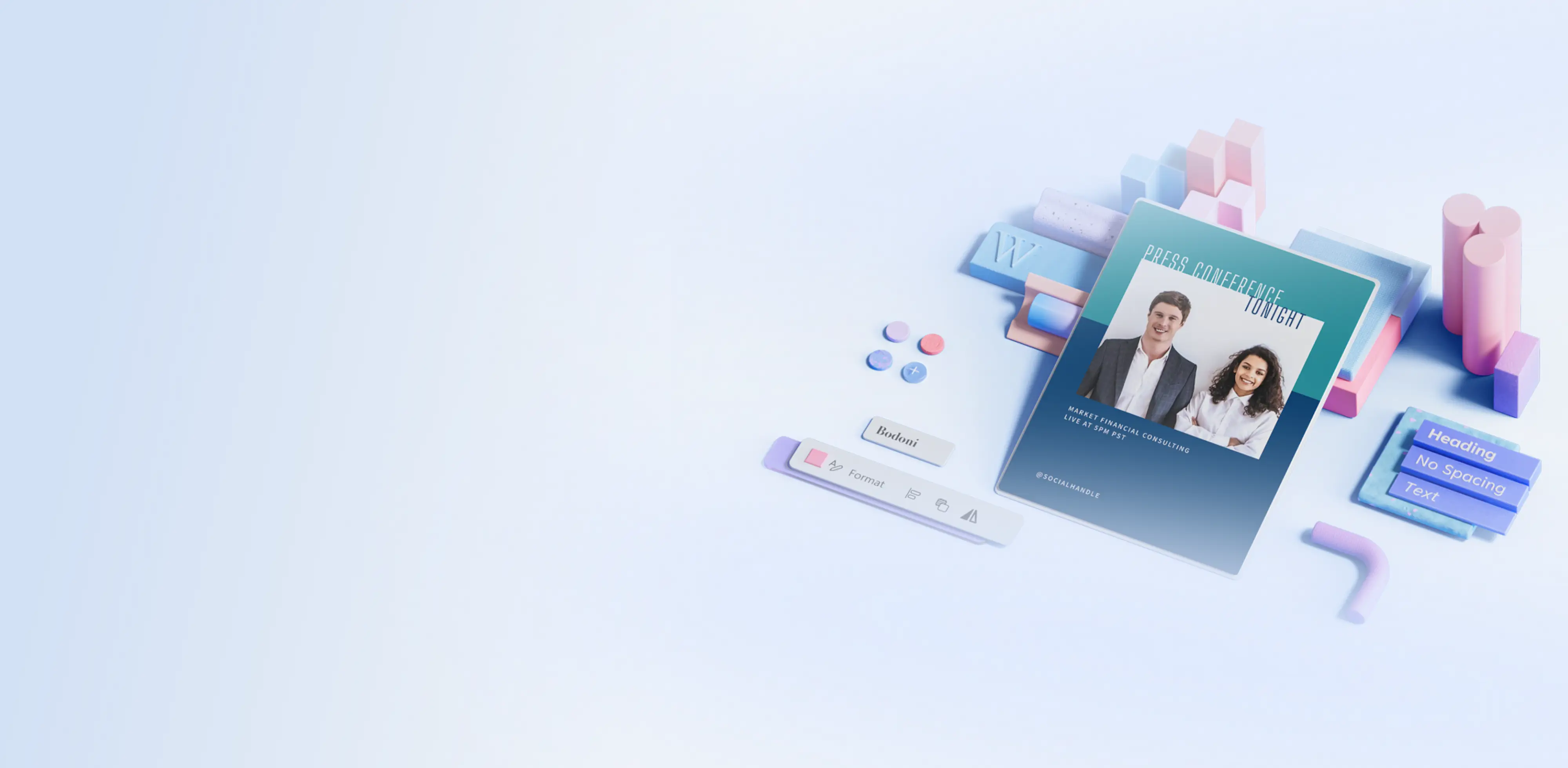 A business related template on a blue background surrounded by Word editor features.