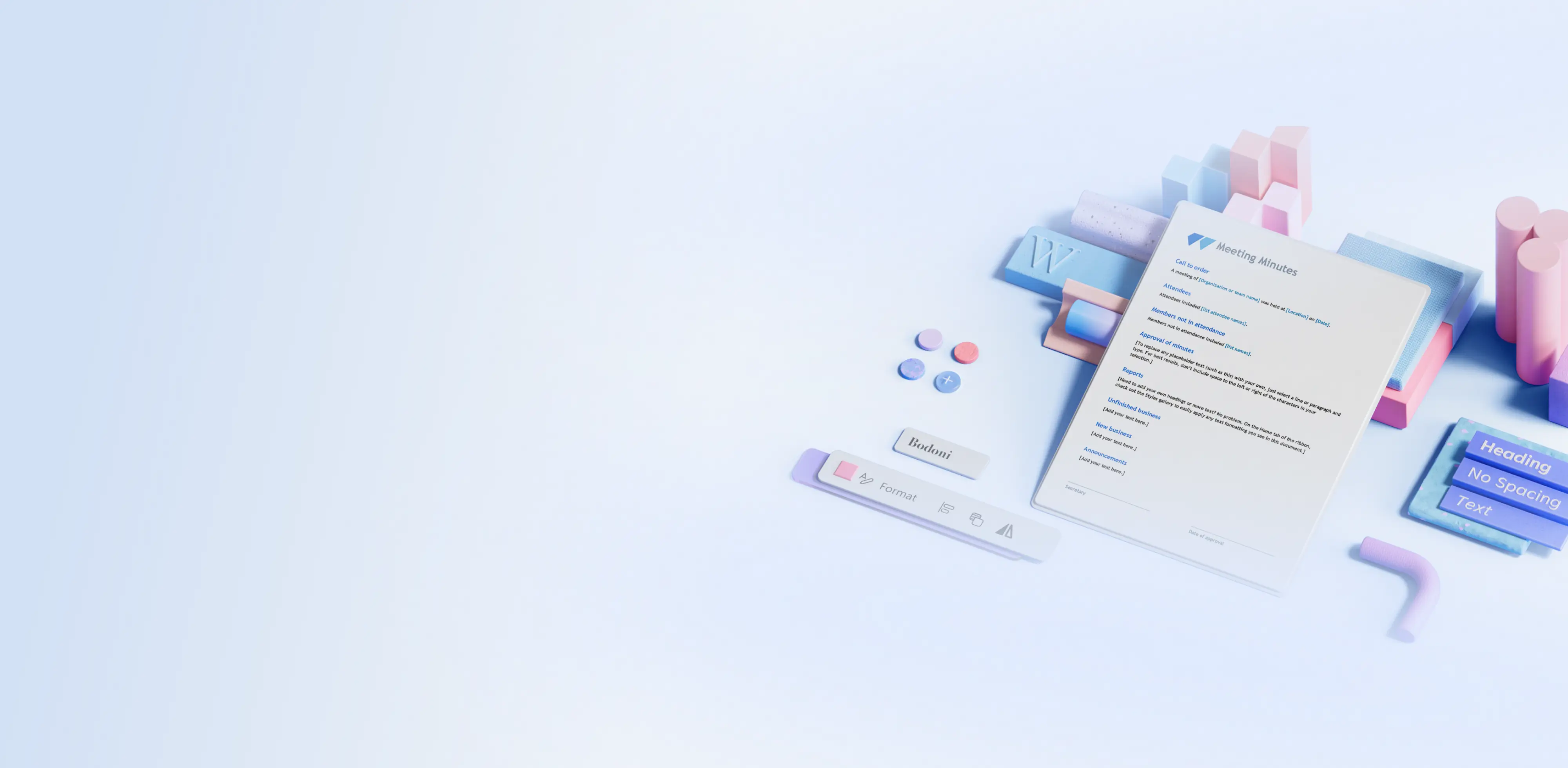 A meeting minute template on a blue background surrounded by Word editor features.