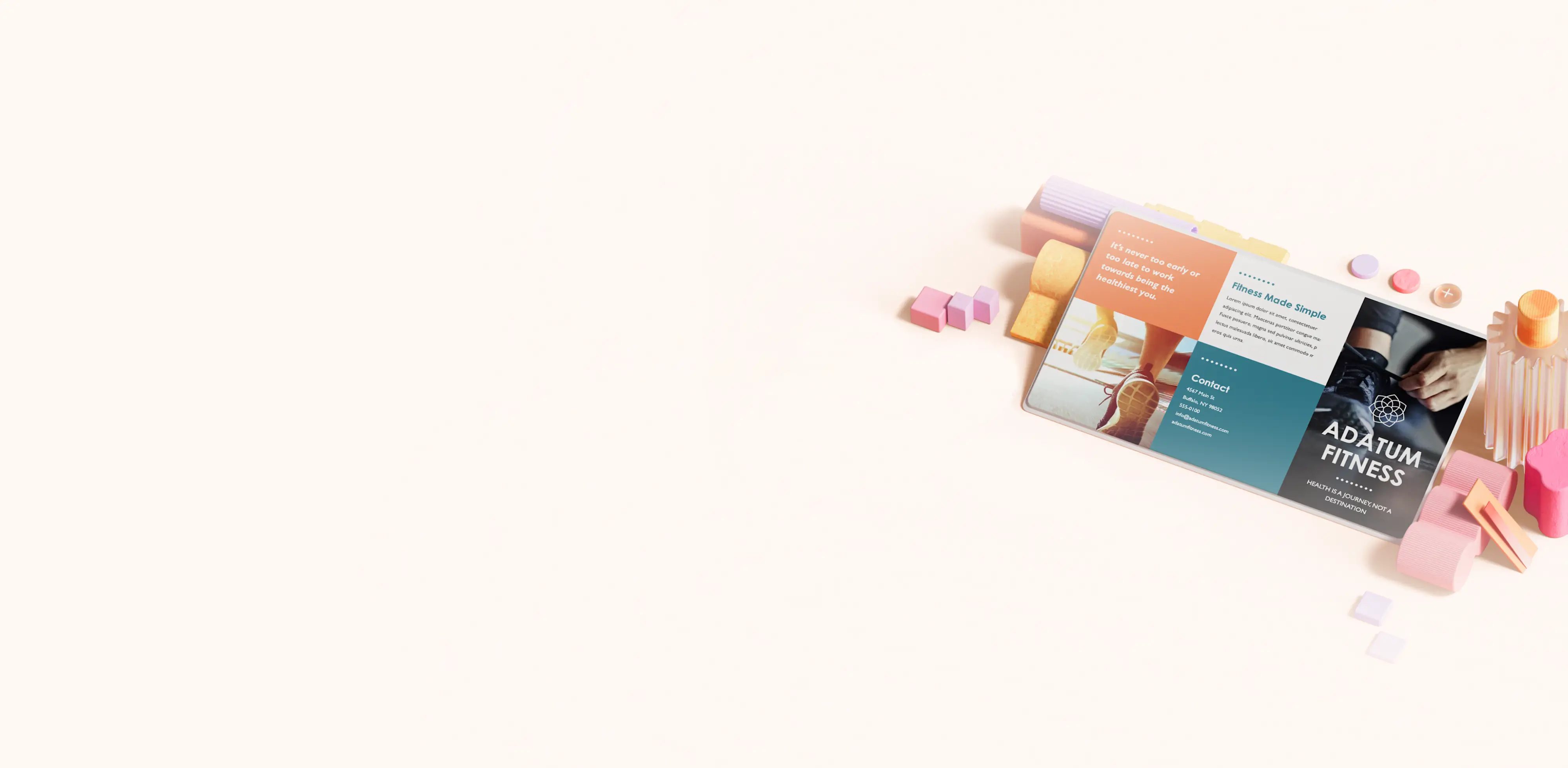 A pamphlet template on an orange background surrounded by Microsoft Word features.