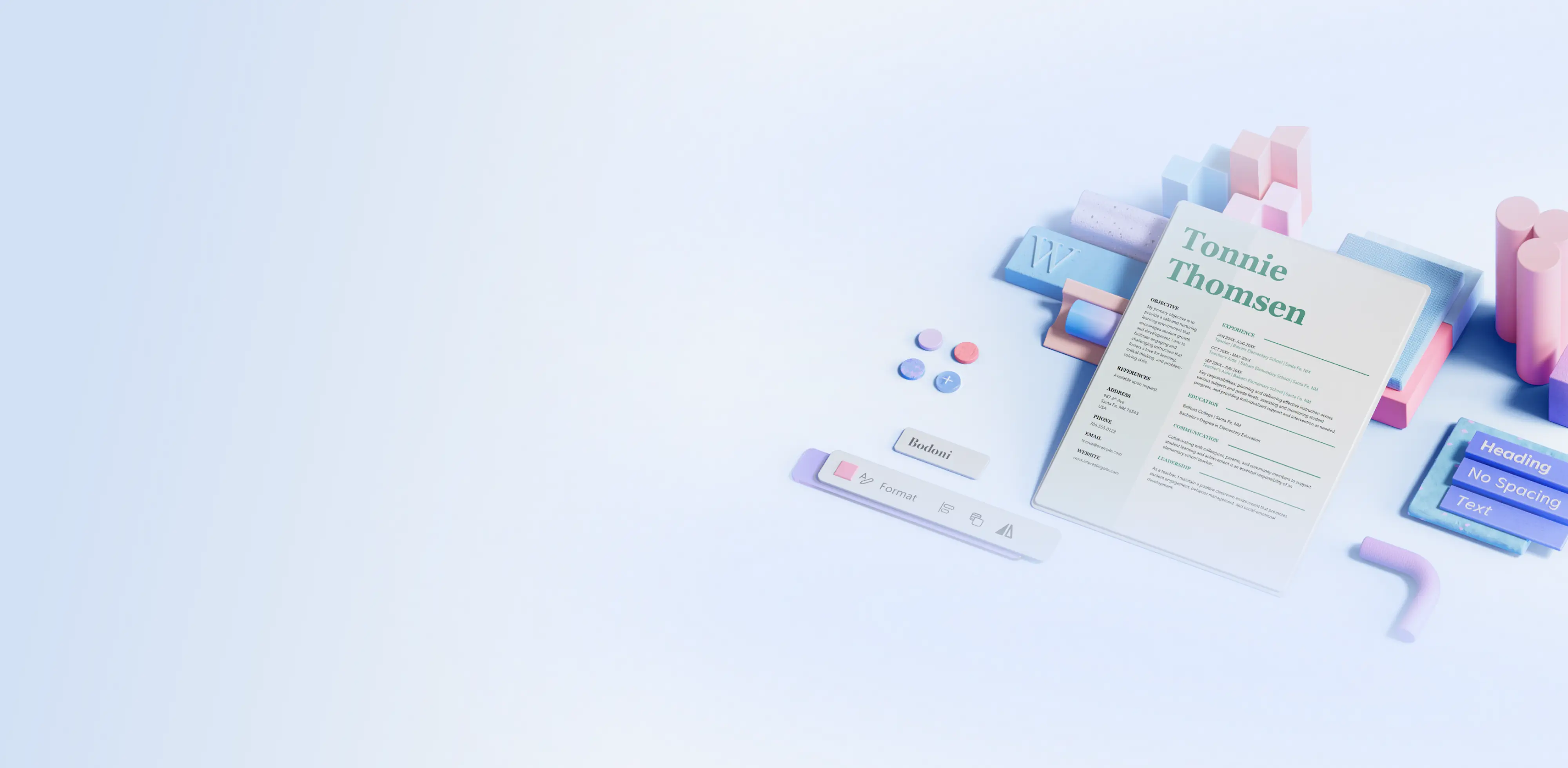 A resume template on a blue background surrounded by Word editor features.